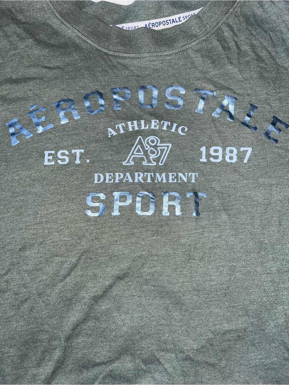 Aeropostale Olive Green Crewneck cropped Tee with Blue Sport Logo - Picture 2 of 3